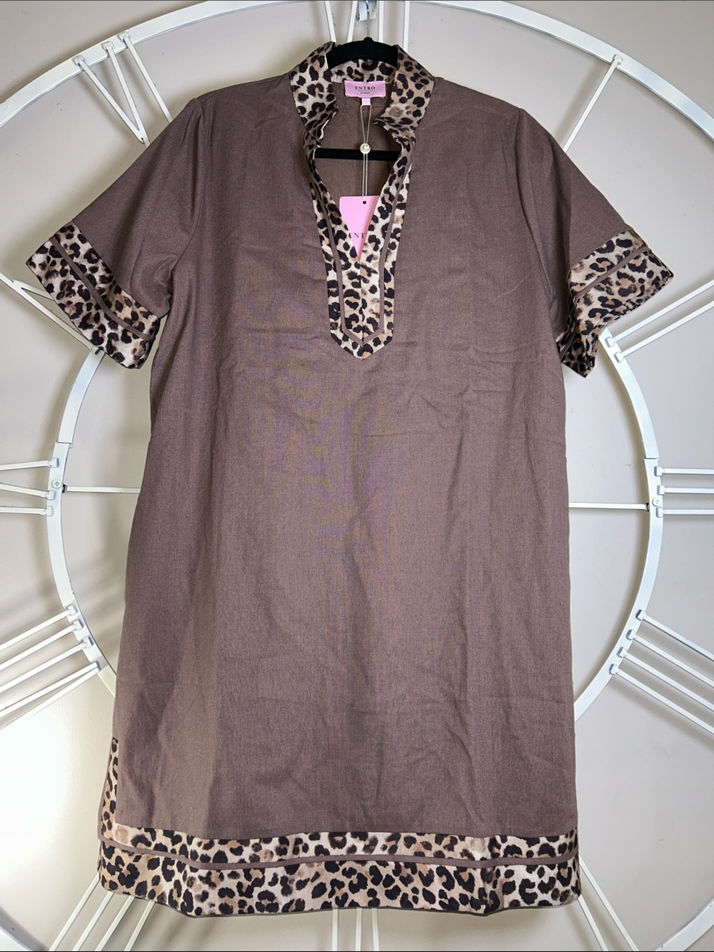NWT Entro Linen Blend Mocha Shift Mini Dress with Leopard Contrast Trim